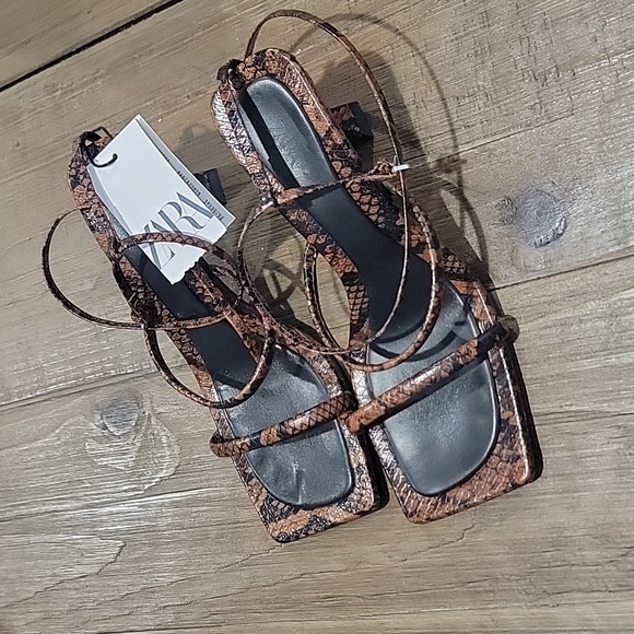 Zara Snake Print Double Strap Leather Sandal Heels - Picture 5 of 8